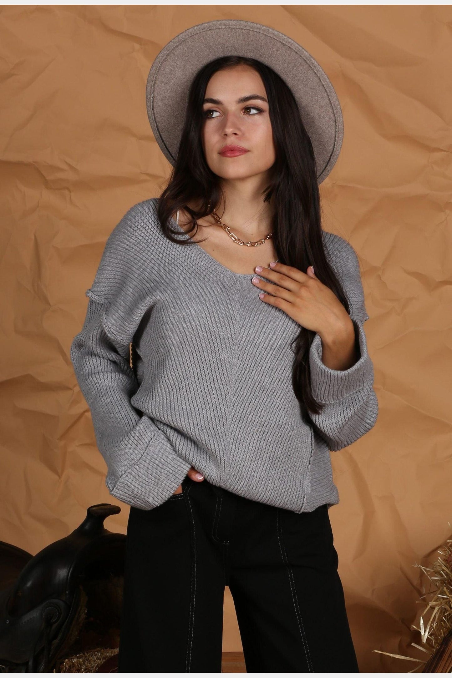 LINED CABLE KNITTED LOOSE FIT TUNIC SWEATER TOP - Doublju