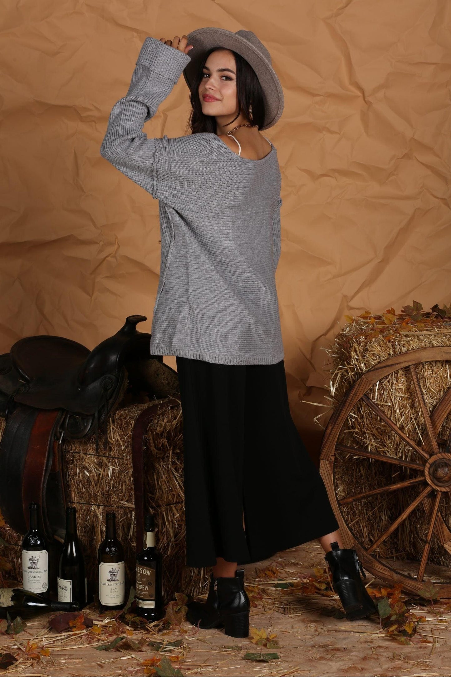 LINED CABLE KNITTED LOOSE FIT TUNIC SWEATER TOP - Doublju