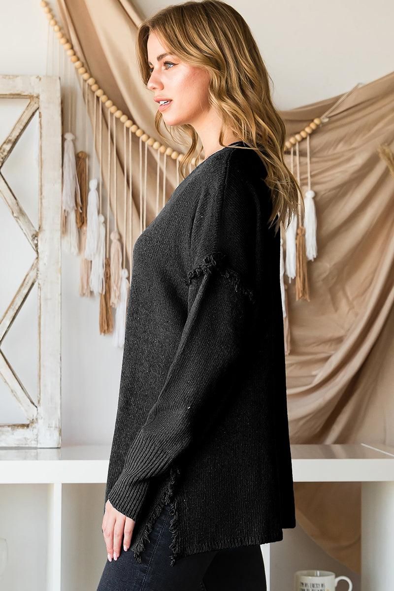 FRINGE SHOULDER BUTTON DOWN SWEATER KNIT TOP - Doublju