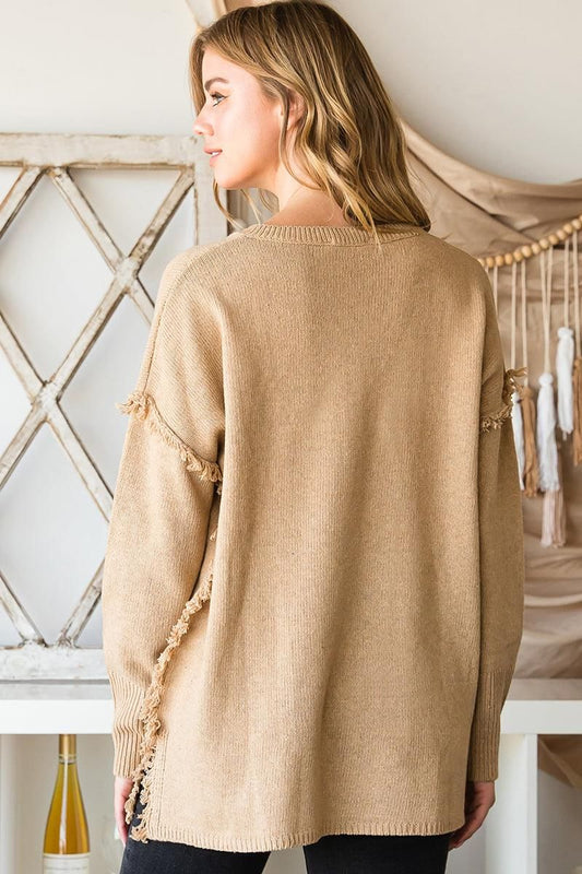 FRINGE SHOULDER BUTTON DOWN SWEATER KNIT TOP - Doublju
