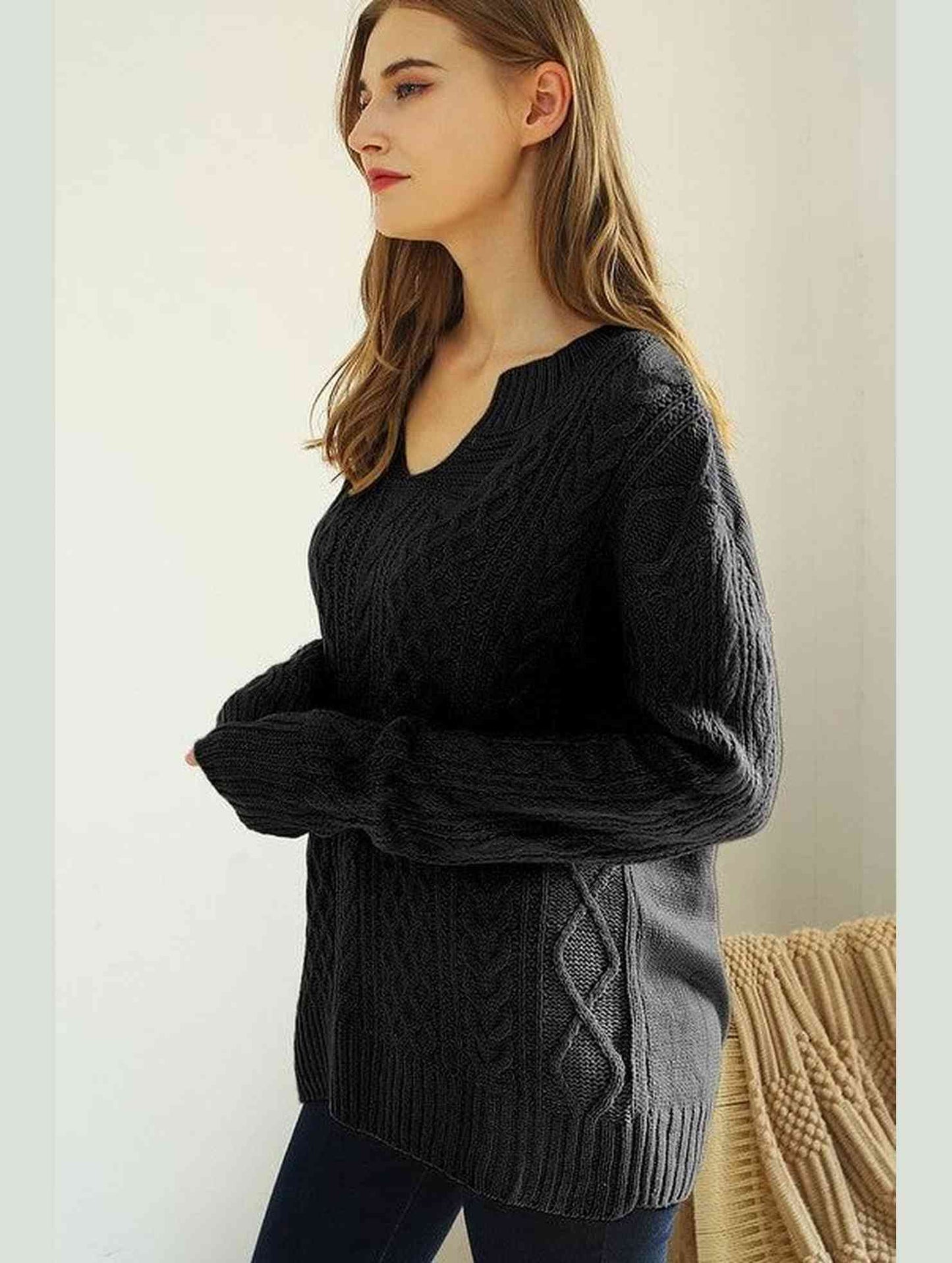 LOOSE FIT CABLE KNIT CASUAL SWEATER - Doublju