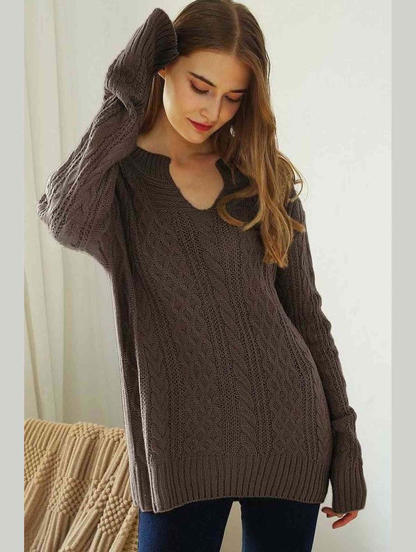 LOOSE FIT CABLE KNIT CASUAL SWEATER - Doublju