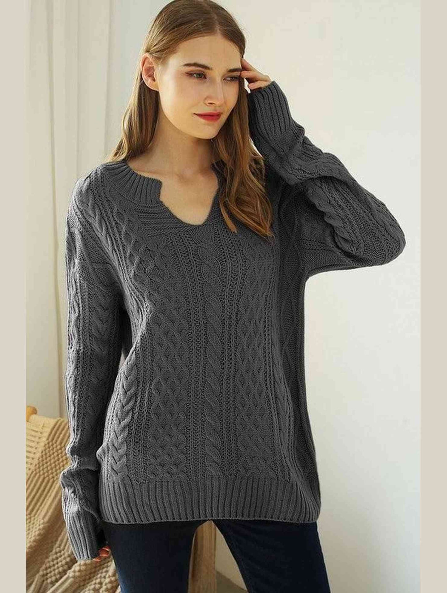LOOSE FIT CABLE KNIT CASUAL SWEATER - Doublju