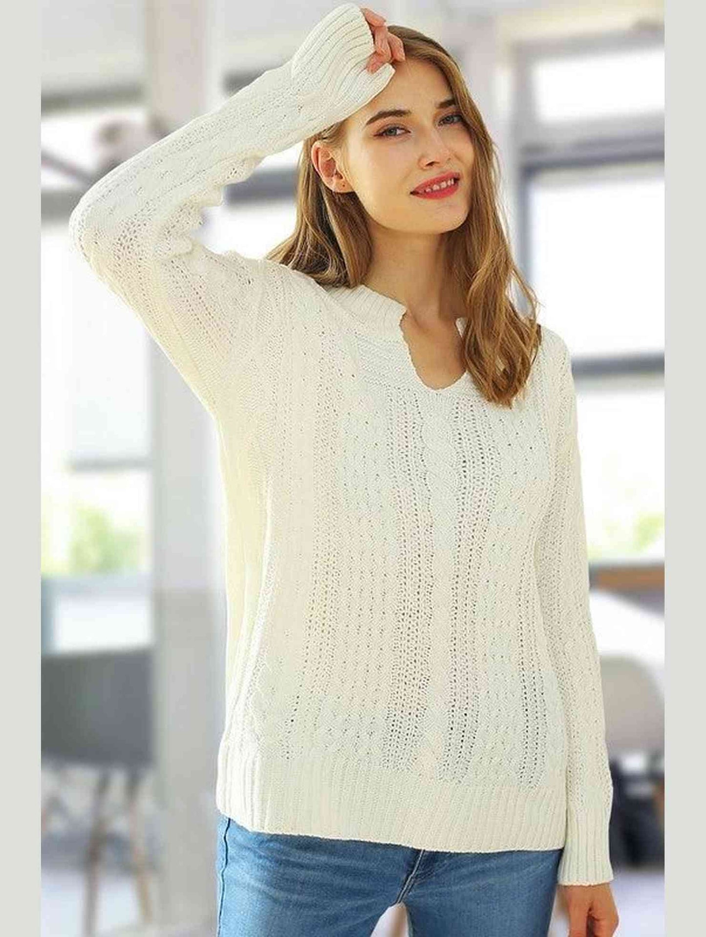 LOOSE FIT CABLE KNIT CASUAL SWEATER - Doublju