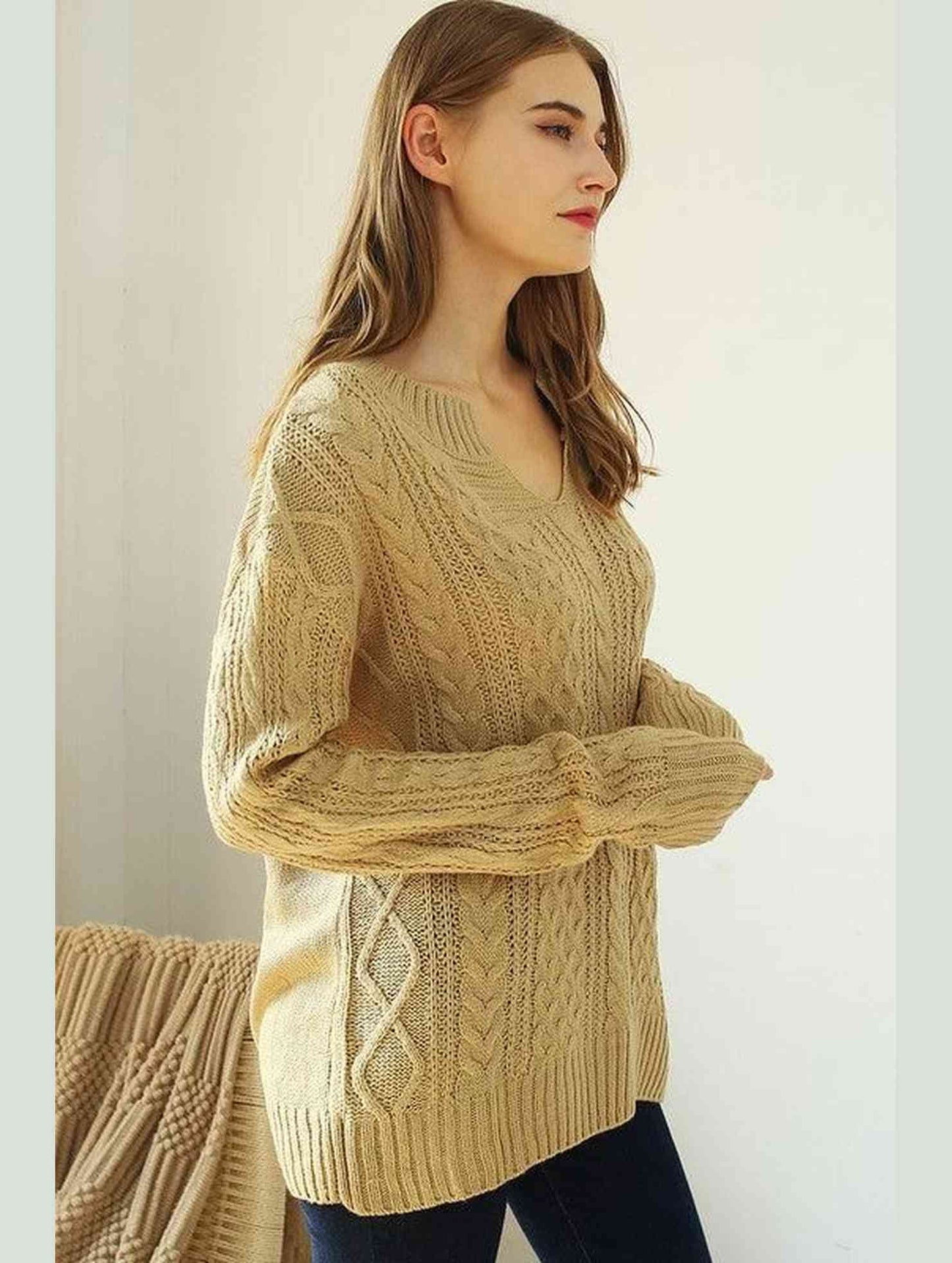 LOOSE FIT CABLE KNIT CASUAL SWEATER - Doublju
