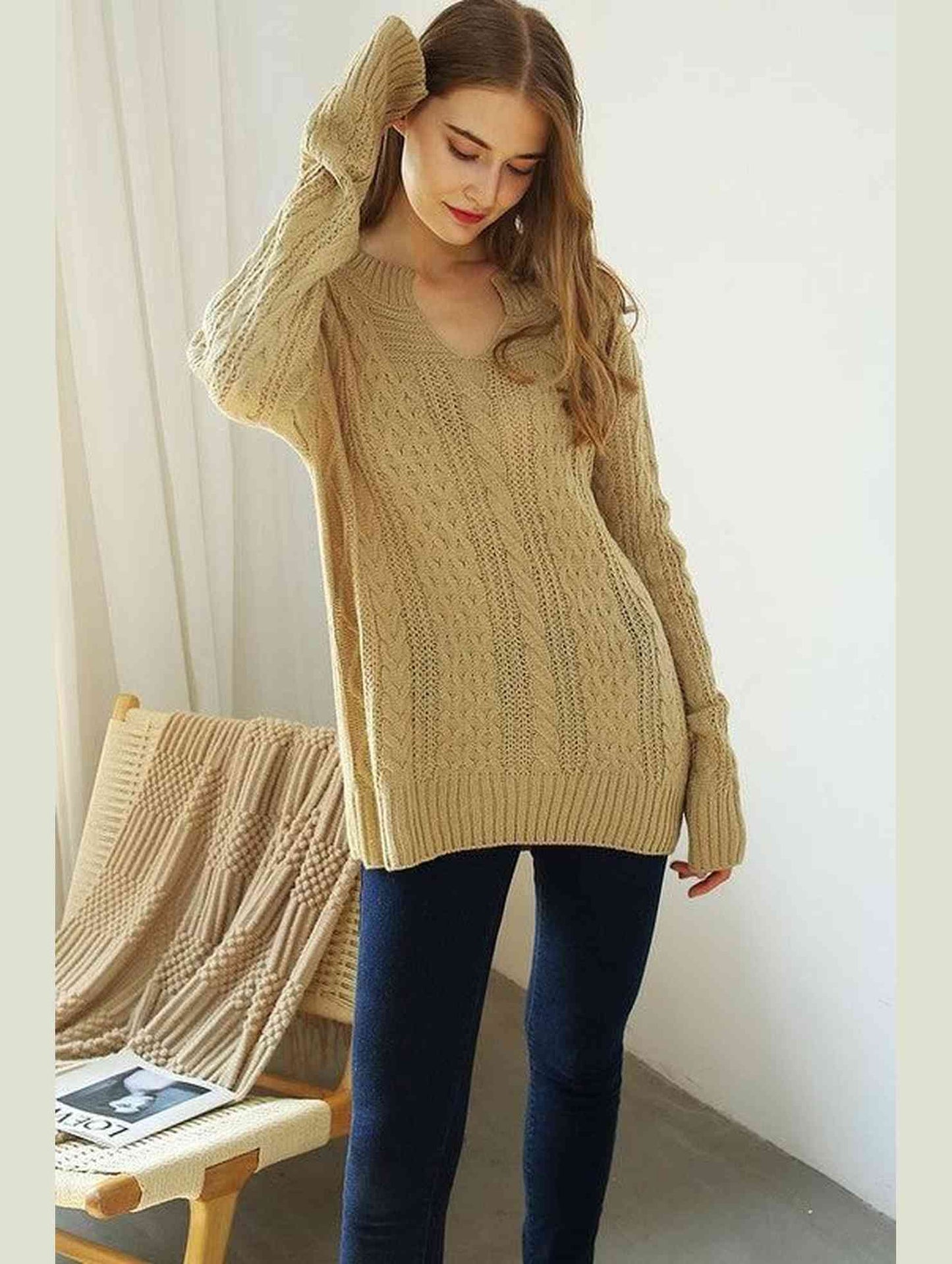 LOOSE FIT CABLE KNIT CASUAL SWEATER - Doublju