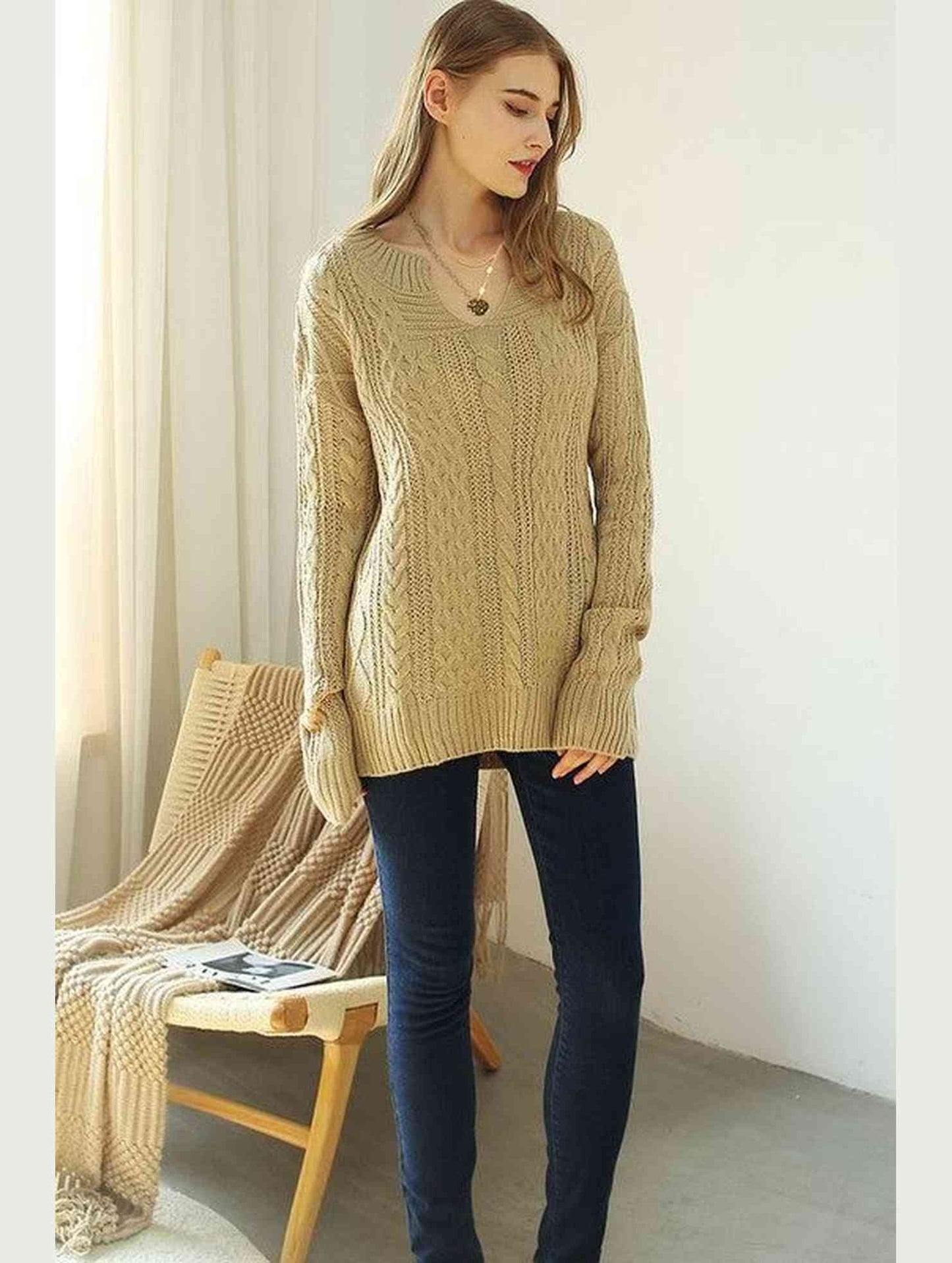 LOOSE FIT CABLE KNIT CASUAL SWEATER - Doublju