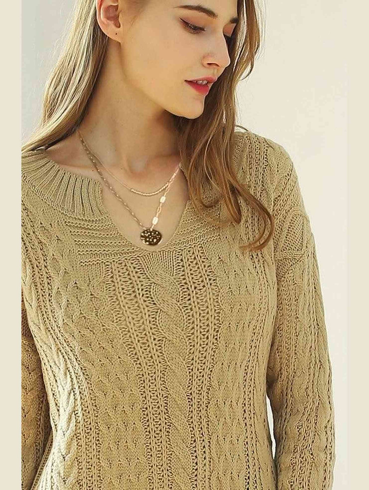 LOOSE FIT CABLE KNIT CASUAL SWEATER - Doublju