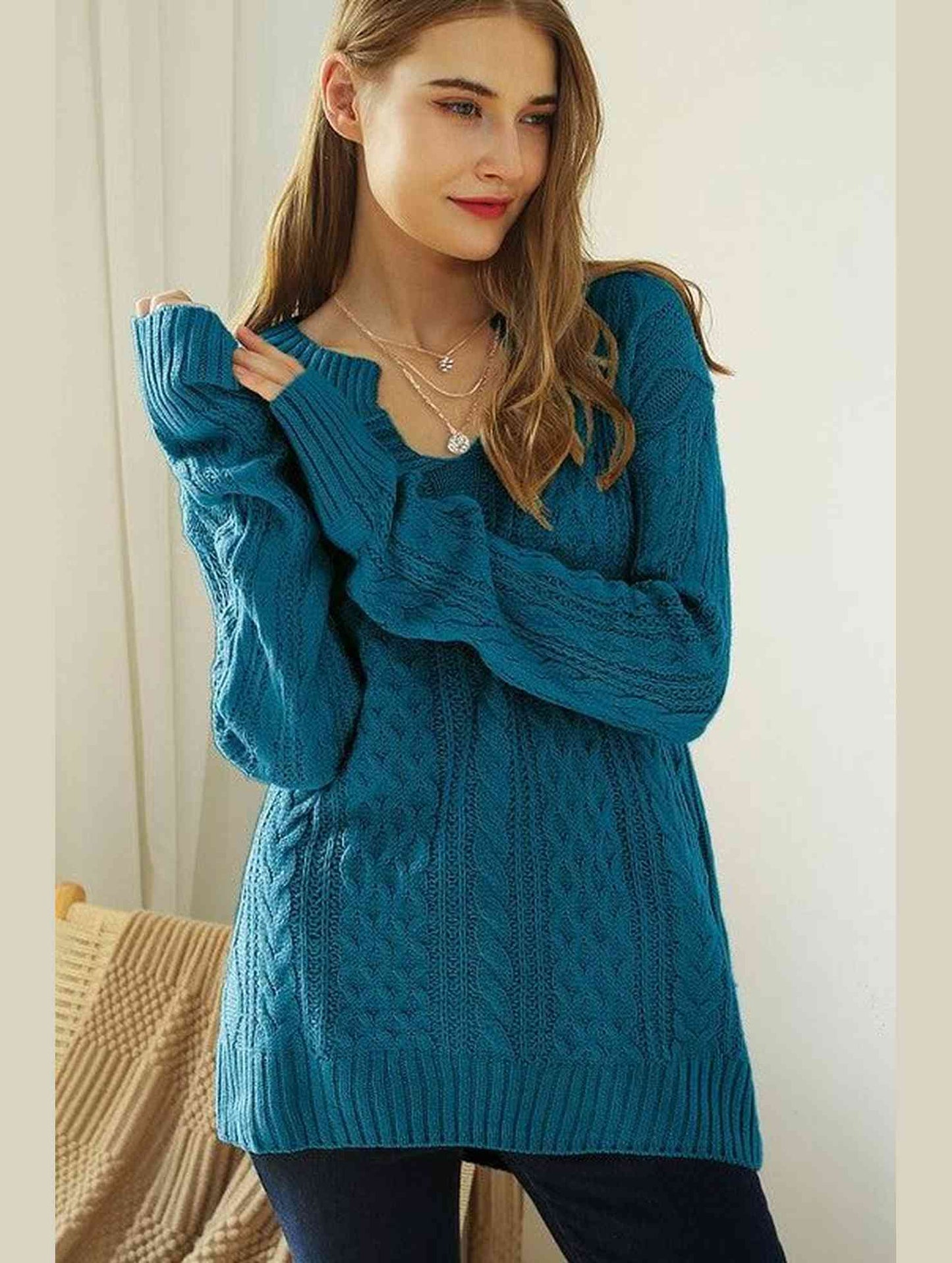 LOOSE FIT CABLE KNIT CASUAL SWEATER - Doublju