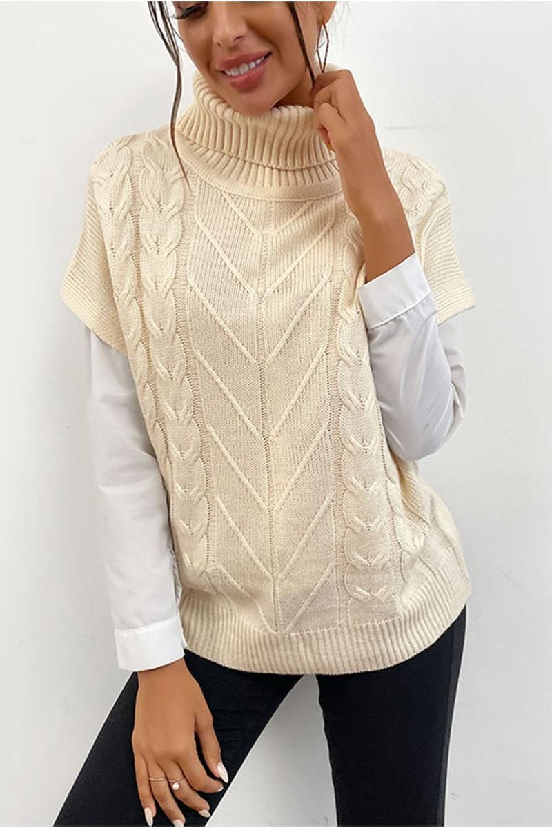 CABLE KNIT TURTLE NECK SHORT SLEEVE SWEATER - Doublju