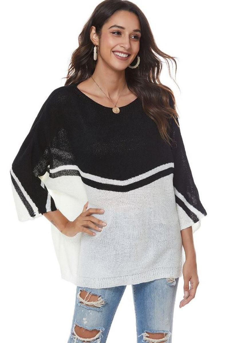 LOOSE FIT BATWING SLEEVE COLOR BLOCK KNIT SWEATER - Doublju