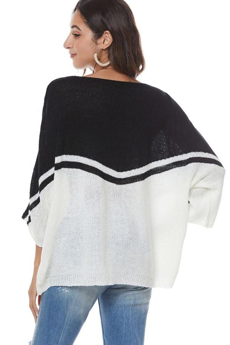 LOOSE FIT BATWING SLEEVE COLOR BLOCK KNIT SWEATER - Doublju
