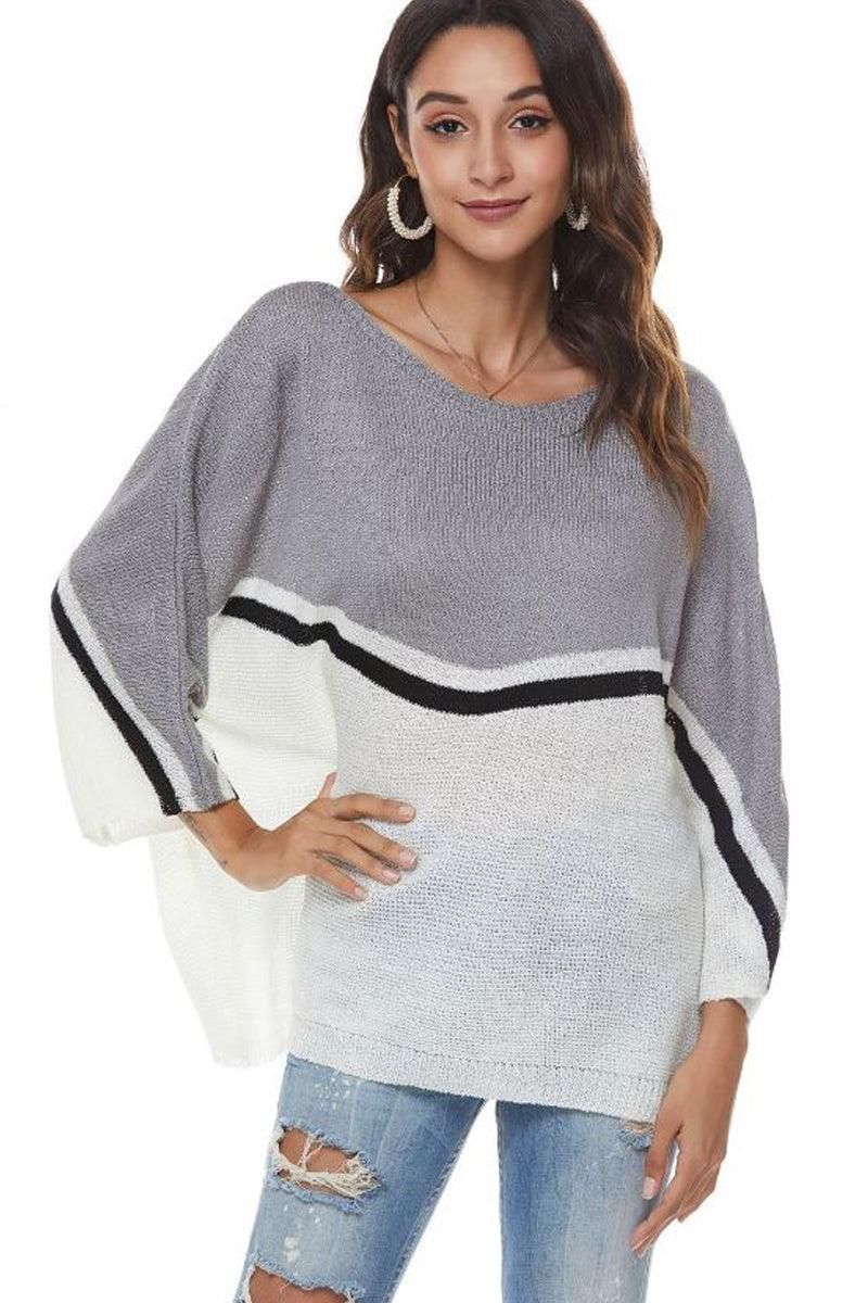 LOOSE FIT BATWING SLEEVE COLOR BLOCK KNIT SWEATER - Doublju
