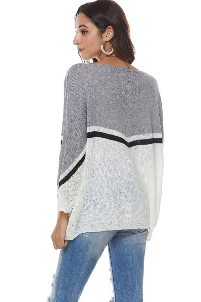 LOOSE FIT BATWING SLEEVE COLOR BLOCK KNIT SWEATER - Doublju