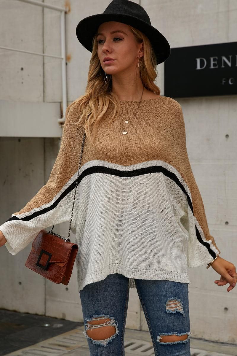 LOOSE FIT BATWING SLEEVE COLOR BLOCK KNIT SWEATER - Doublju