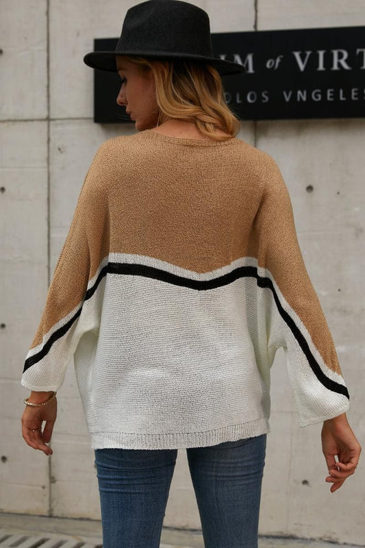 LOOSE FIT BATWING SLEEVE COLOR BLOCK KNIT SWEATER - Doublju