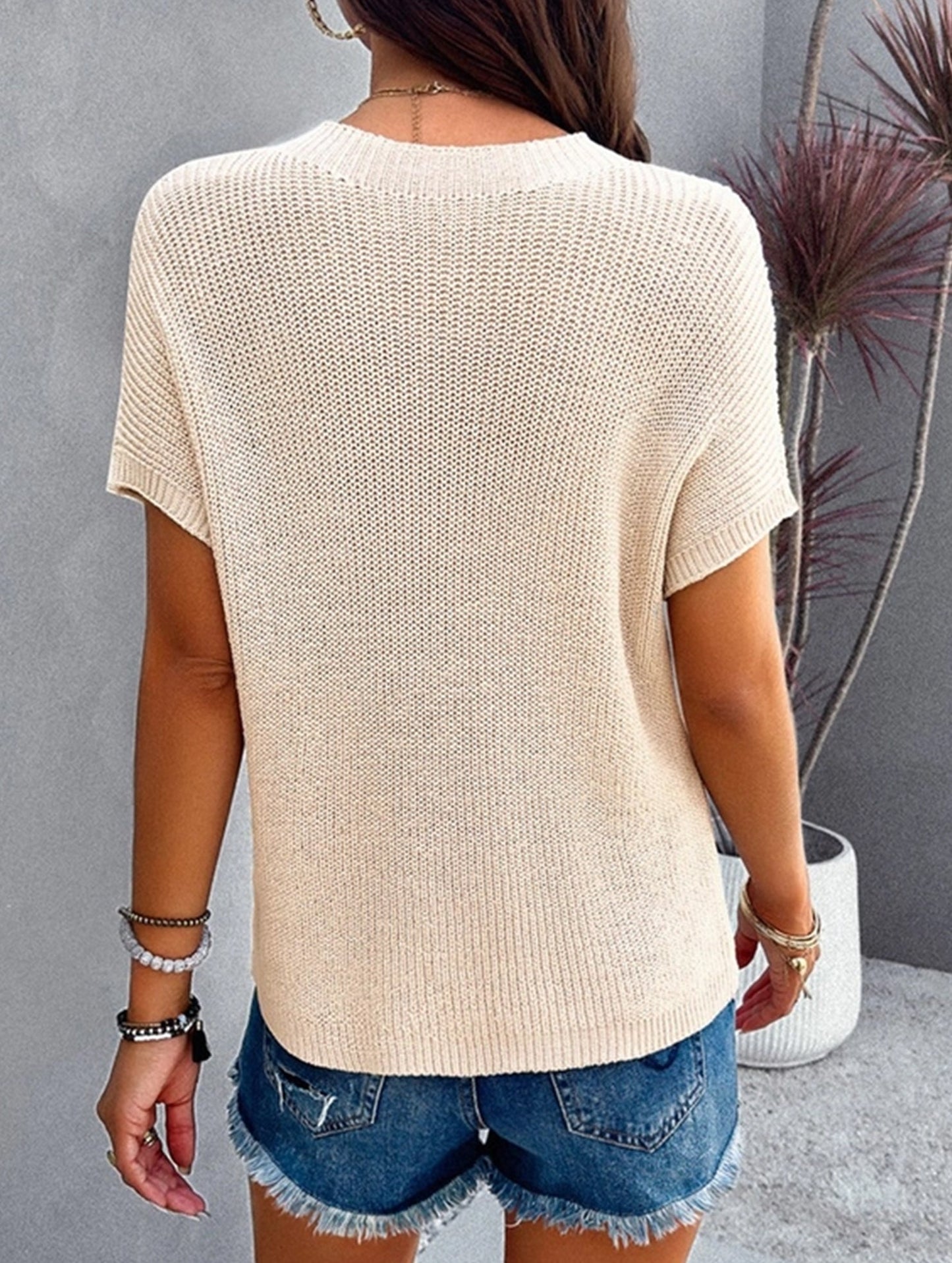 CASUAL SOLID COLOR SHORT SLEEVE HIGH NECK SWEATER_CWOSWS0017