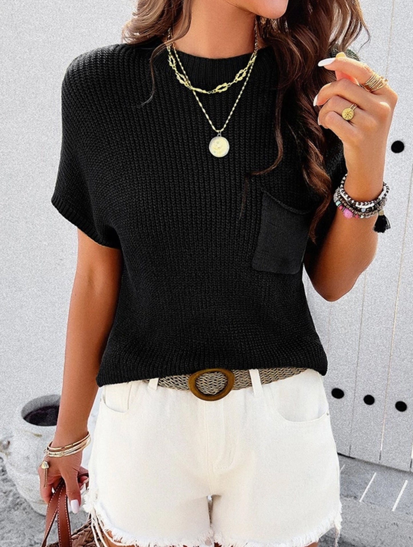 CASUAL SOLID COLOR SHORT SLEEVE HIGH NECK SWEATER_CWOSWS0017