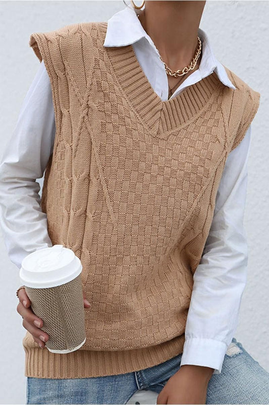 PATTERNED KNIT SLEEVELESS COZY SOLID CARDIGAN - Doublju