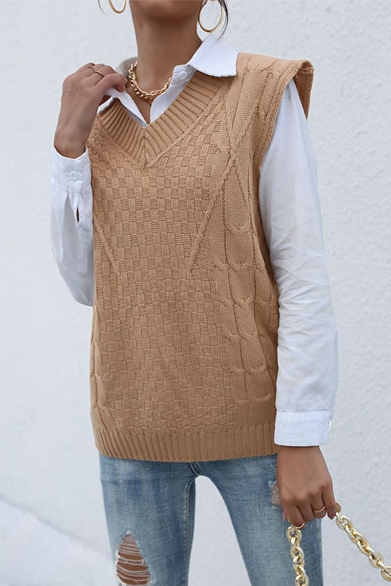 PATTERNED KNIT SLEEVELESS COZY SOLID CARDIGAN - Doublju
