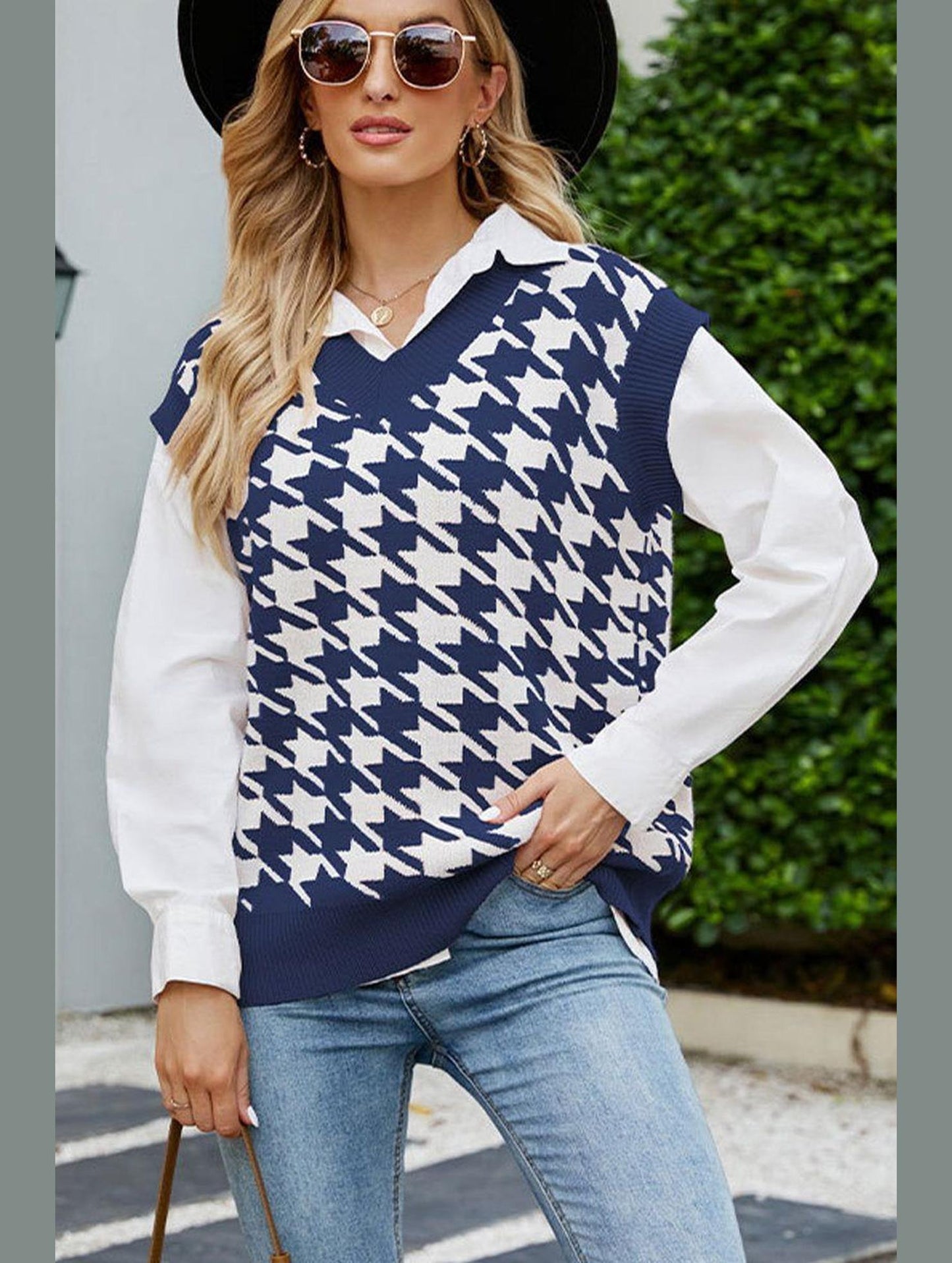 HOUNDSTOOTH LOOSE SLEEVELESS VEST SWEATER
