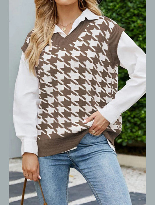 HOUNDSTOOTH LOOSE SLEEVELESS VEST SWEATER