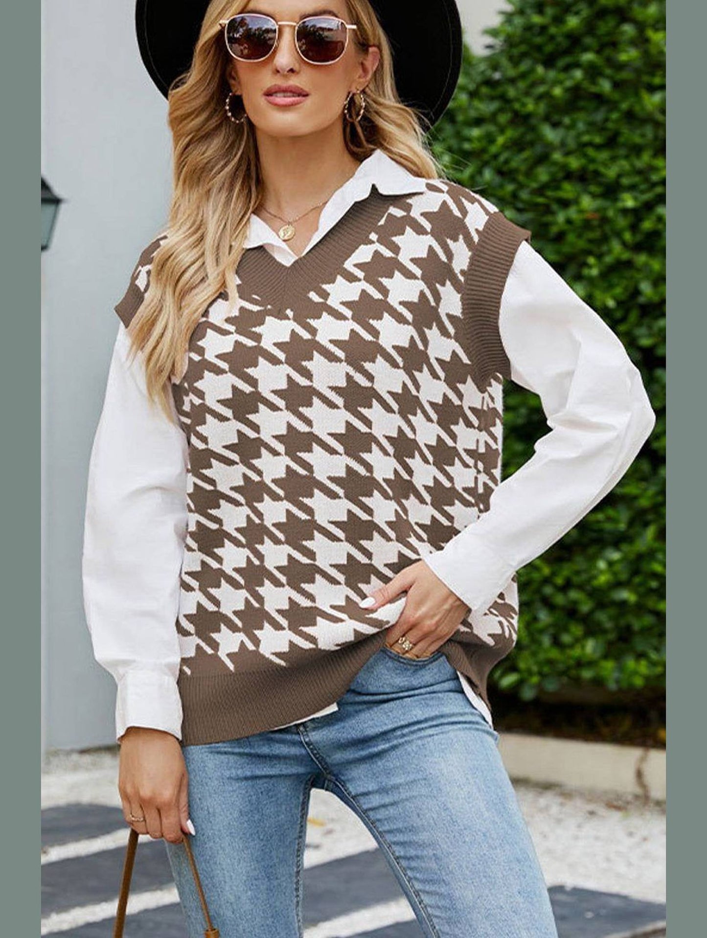 HOUNDSTOOTH LOOSE SLEEVELESS VEST SWEATER