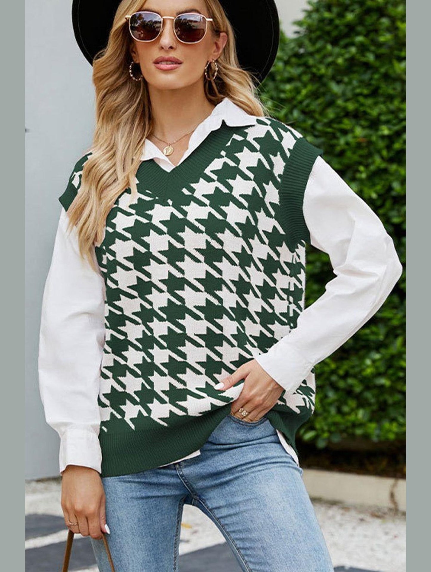 HOUNDSTOOTH LOOSE SLEEVELESS VEST SWEATER