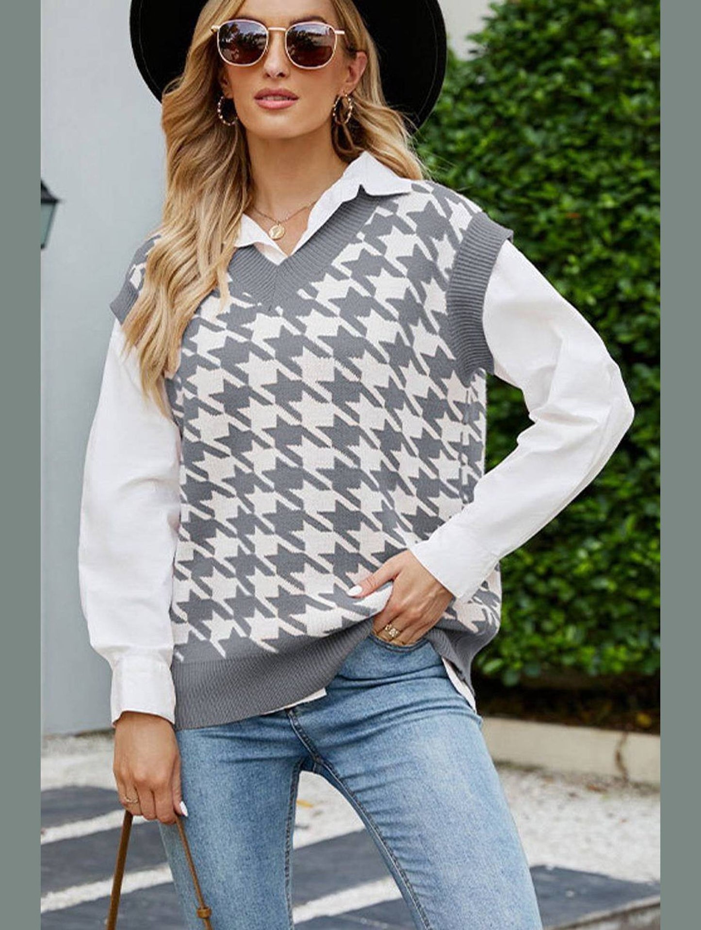 HOUNDSTOOTH LOOSE SLEEVELESS VEST SWEATER