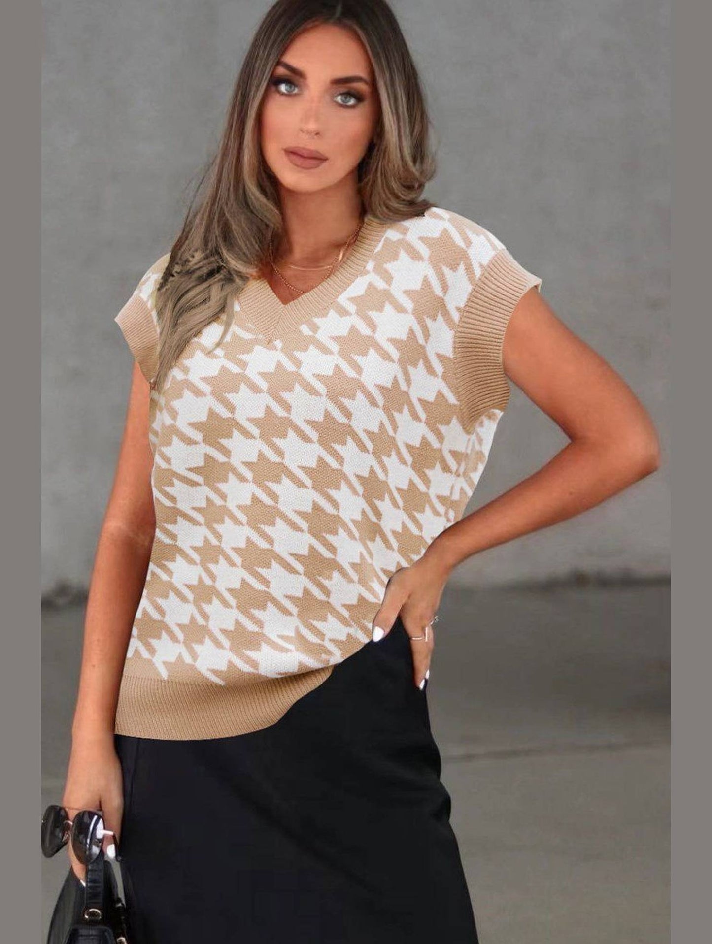 HOUNDSTOOTH LOOSE SLEEVELESS VEST SWEATER