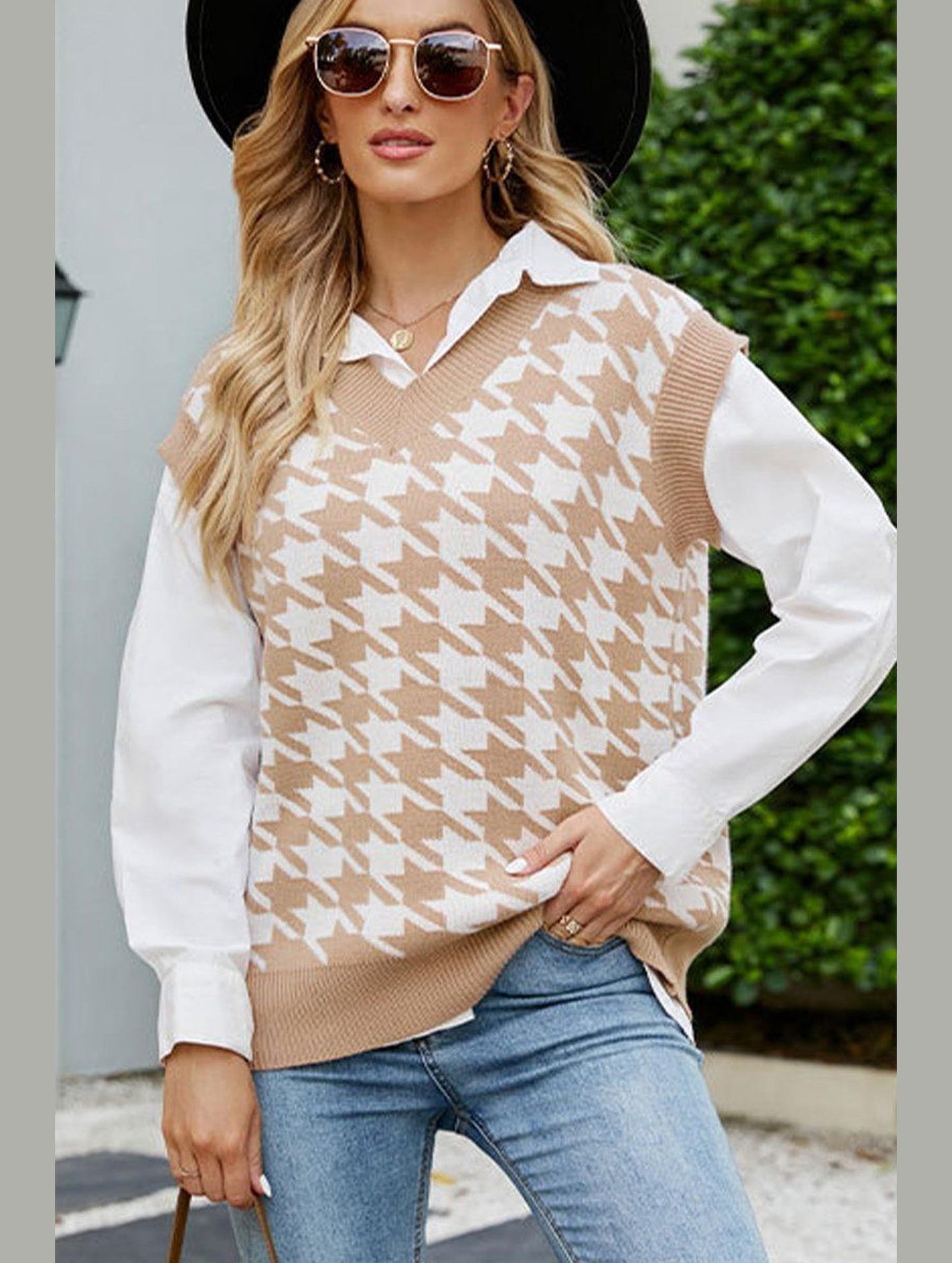 HOUNDSTOOTH LOOSE SLEEVELESS VEST SWEATER