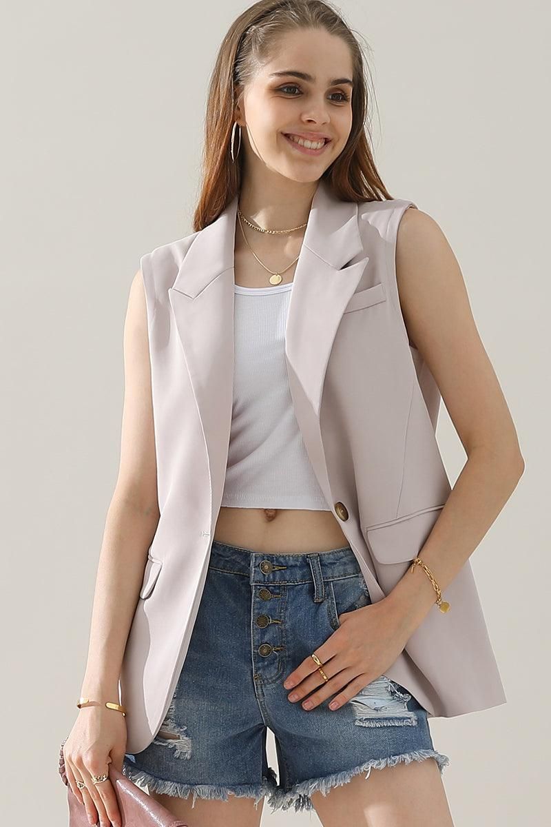 ONE BUTTON LOUND HEM LOOSE BLAZER VEST - Doublju