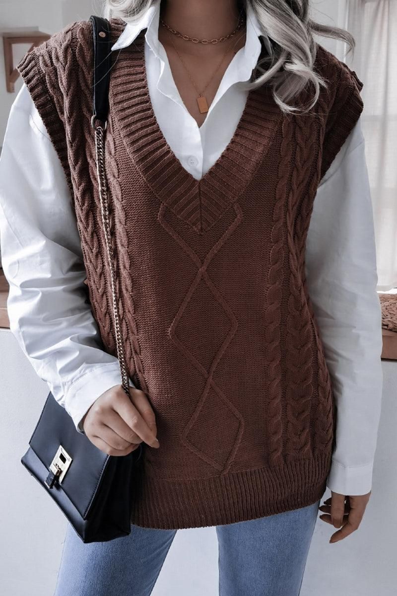 WOMEN CABLE KNIT V NECK VEST SWEATER - Doublju