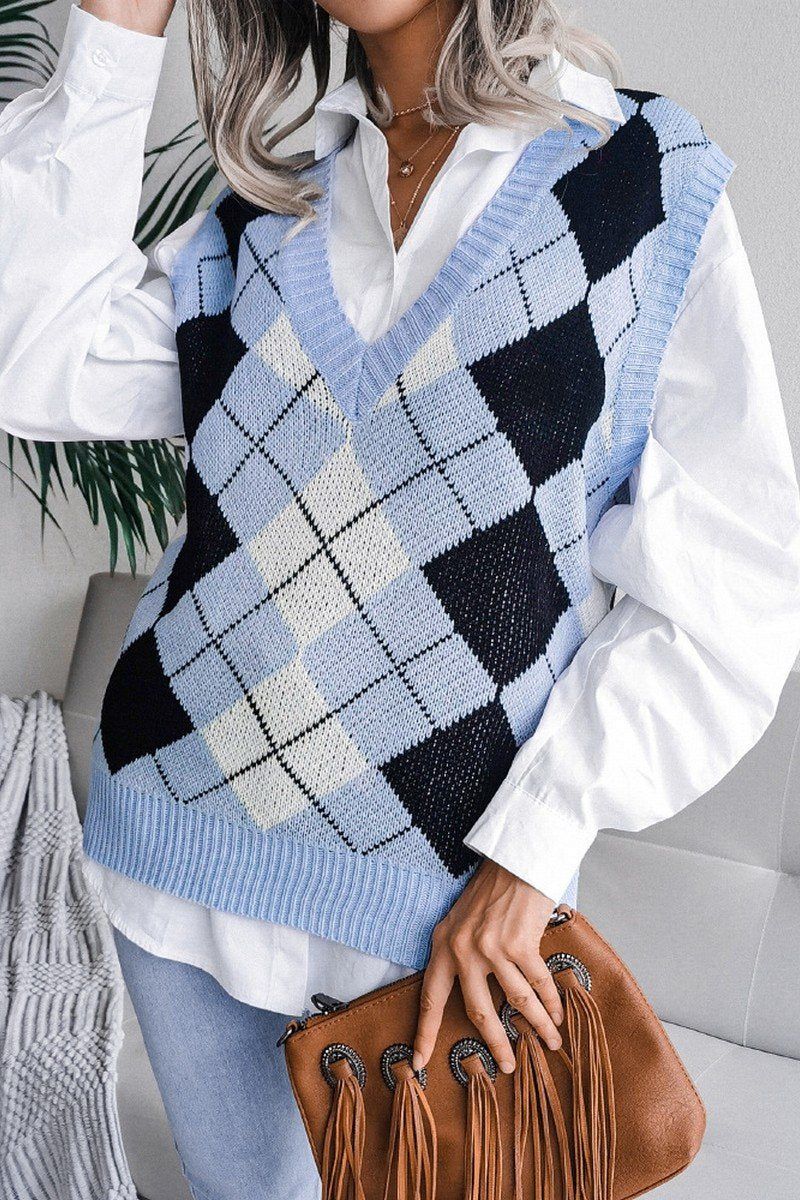 V NECK LOZENGE CASUAL LOOSE KNIT VEST