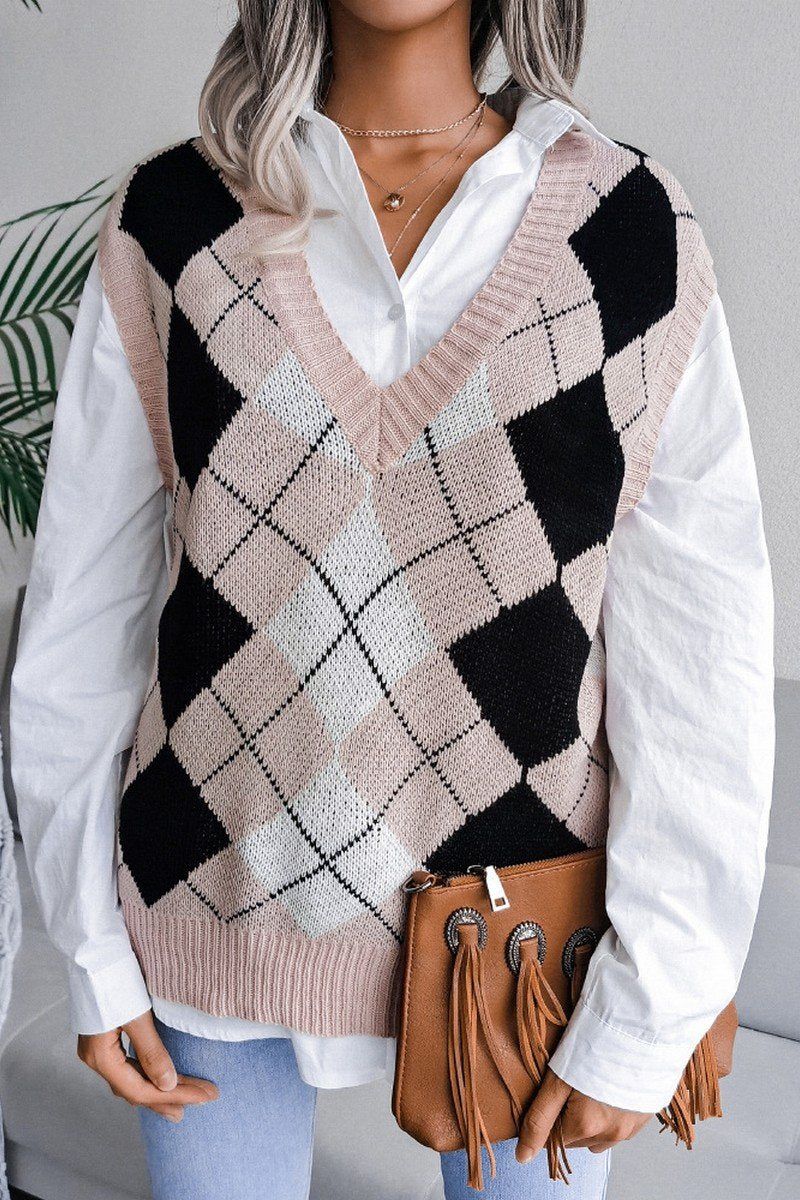 V NECK LOZENGE CASUAL LOOSE KNIT VEST