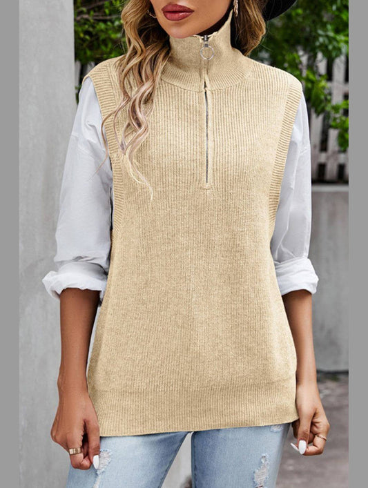 HIGH NECK HALF ZIP UP NECK KNITTED SWEAT VEST