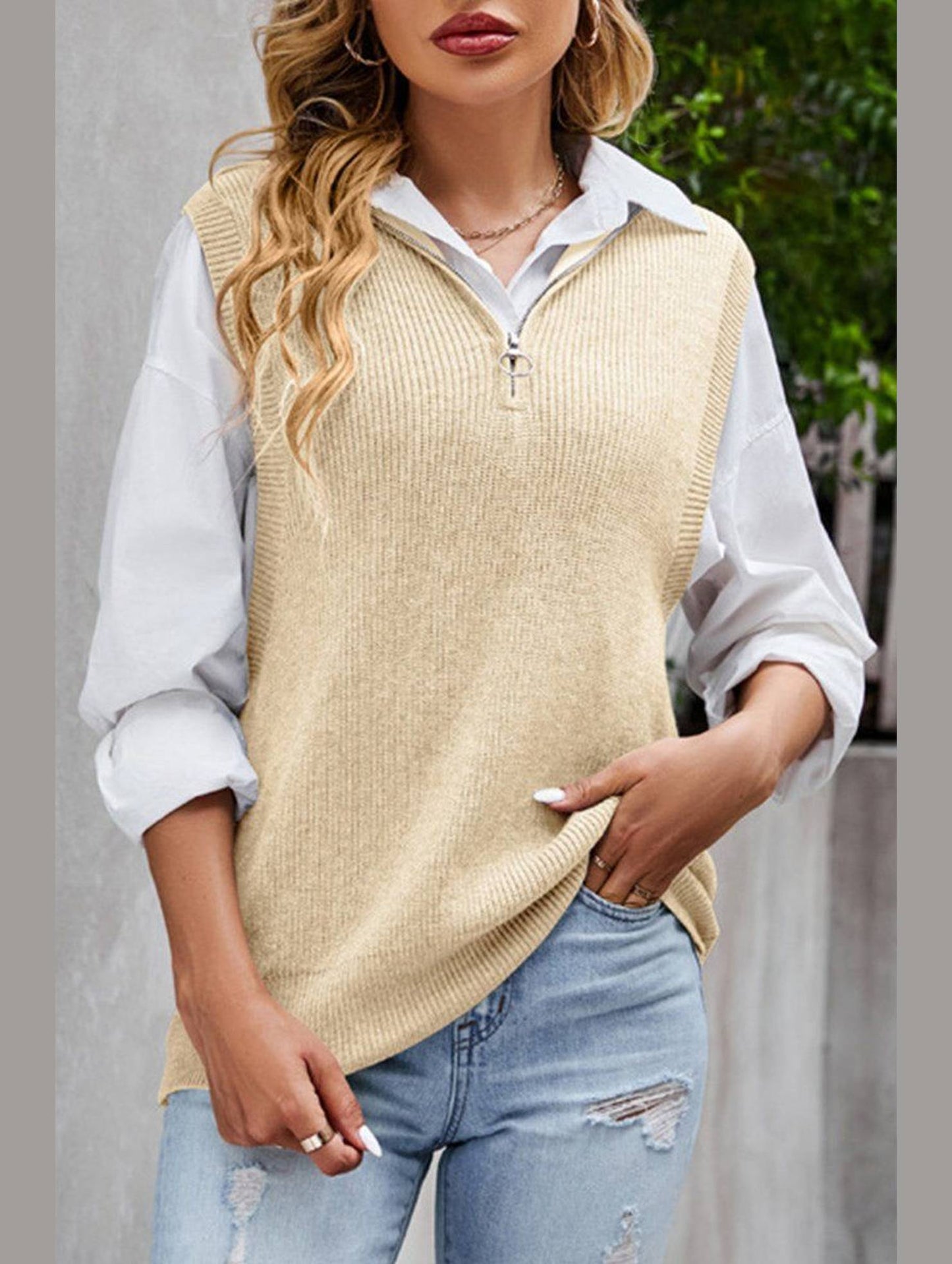 HIGH NECK HALF ZIP UP NECK KNITTED SWEAT VEST
