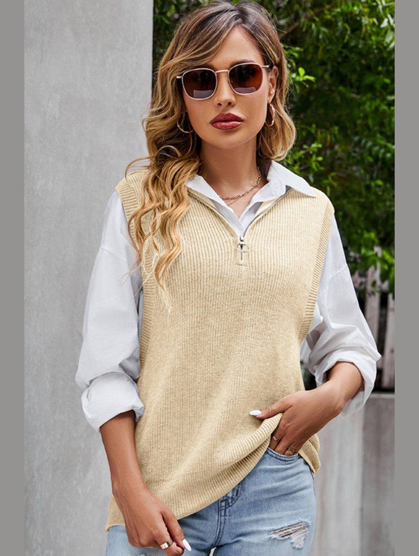 HIGH NECK HALF ZIP UP NECK KNITTED SWEAT VEST