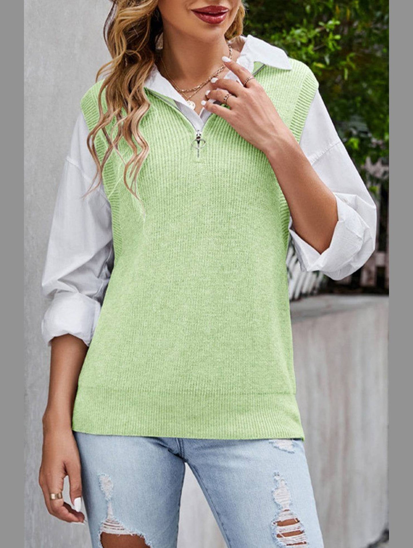HIGH NECK HALF ZIP UP NECK KNITTED SWEAT VEST