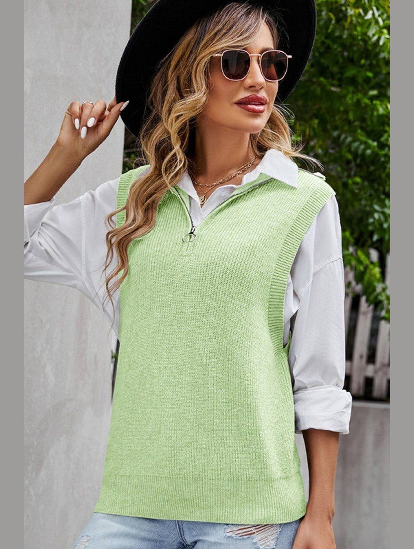 HIGH NECK HALF ZIP UP NECK KNITTED SWEAT VEST