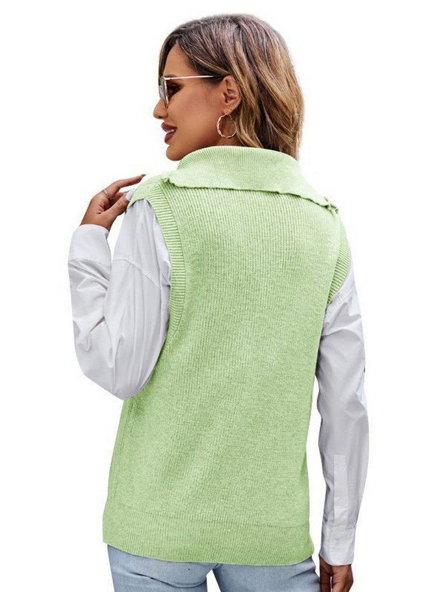 HIGH NECK HALF ZIP UP NECK KNITTED SWEAT VEST