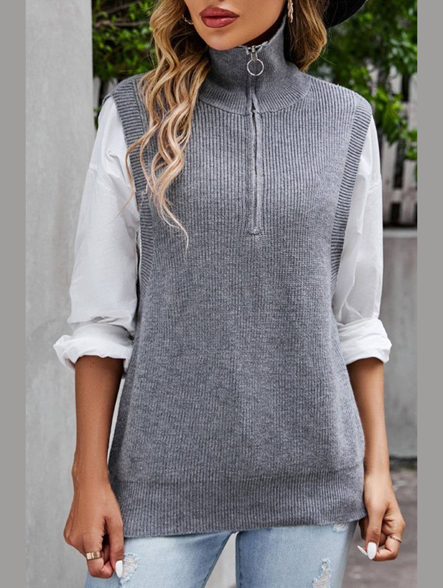 HIGH NECK HALF ZIP UP NECK KNITTED SWEAT VEST