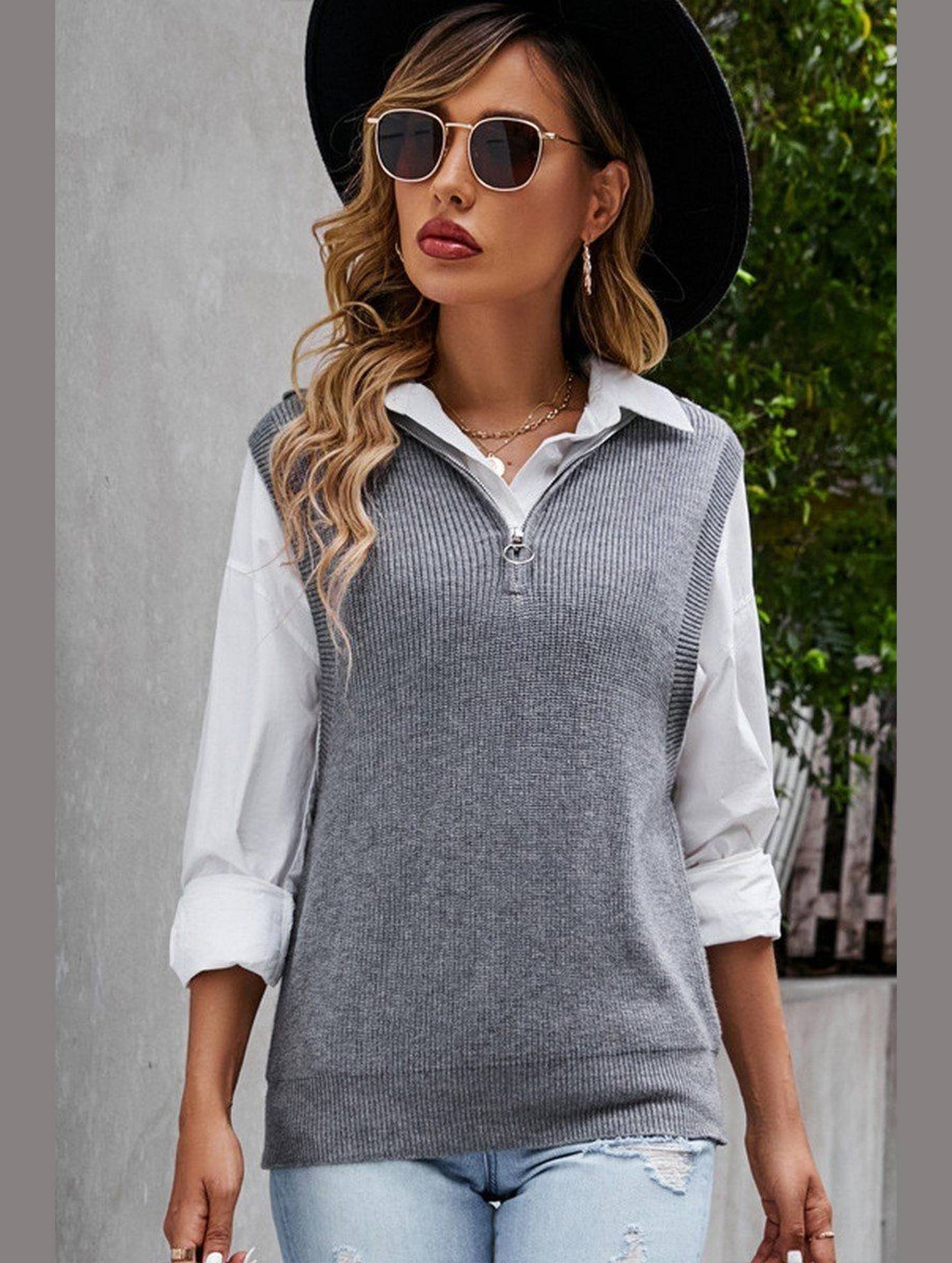 HIGH NECK HALF ZIP UP NECK KNITTED SWEAT VEST