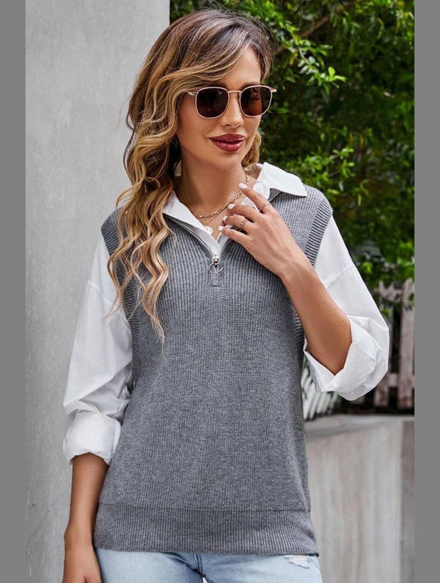 HIGH NECK HALF ZIP UP NECK KNITTED SWEAT VEST