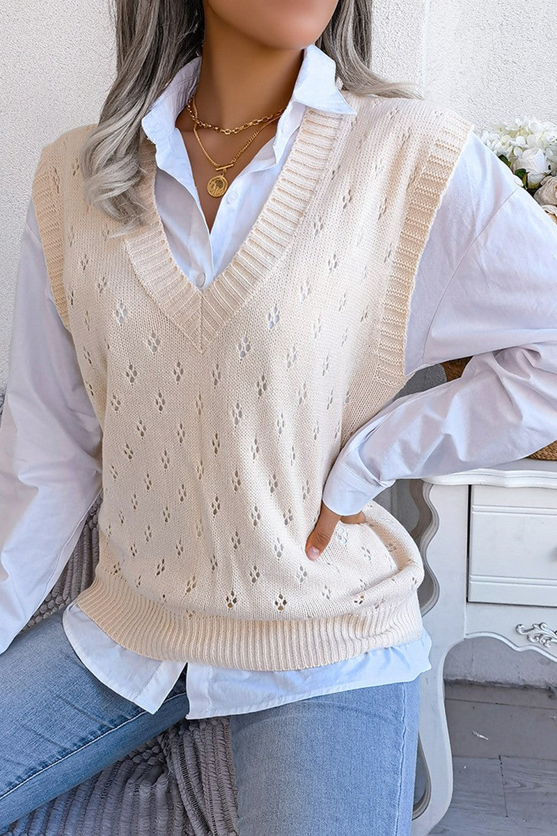 EYELET RIBBED KNIT SWEAT VEST FOR WOMEN