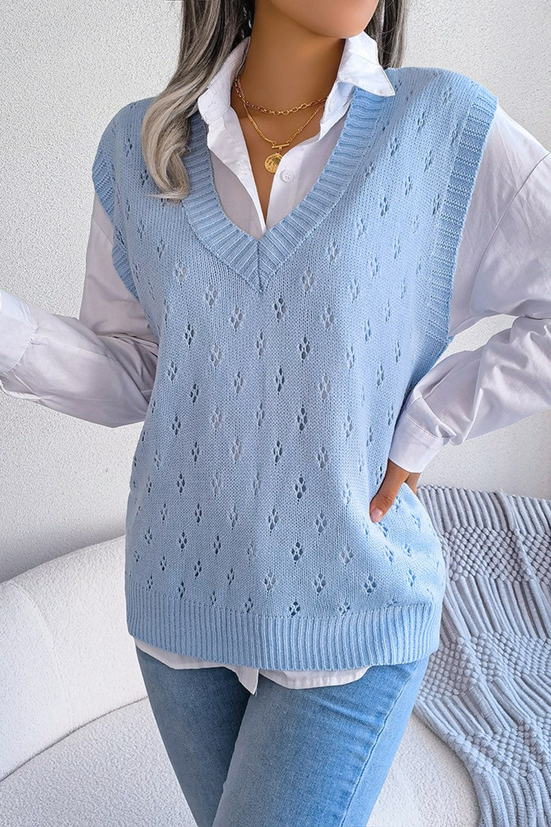 EYELET RIBBED KNIT SWEAT VEST FOR WOMEN