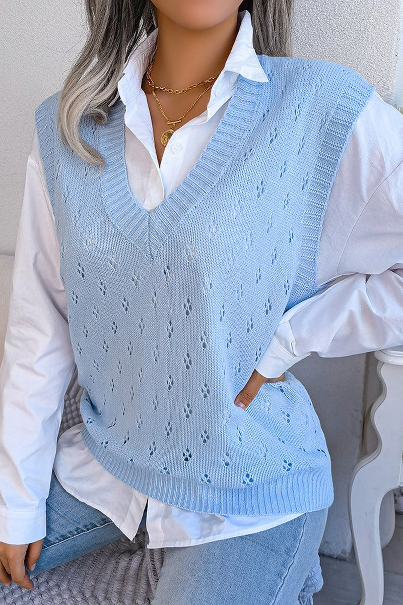 EYELET RIBBED KNIT SWEAT VEST FOR WOMEN
