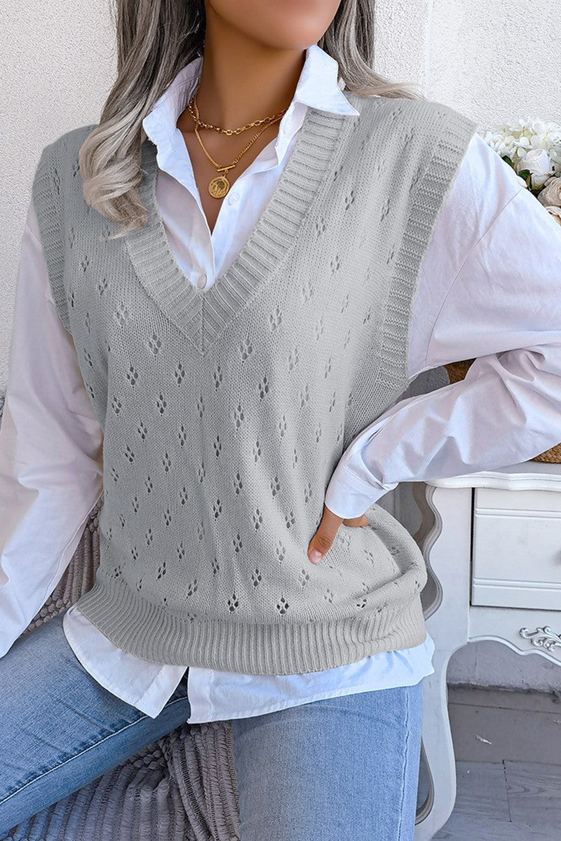 EYELET RIBBED KNIT SWEAT VEST FOR WOMEN