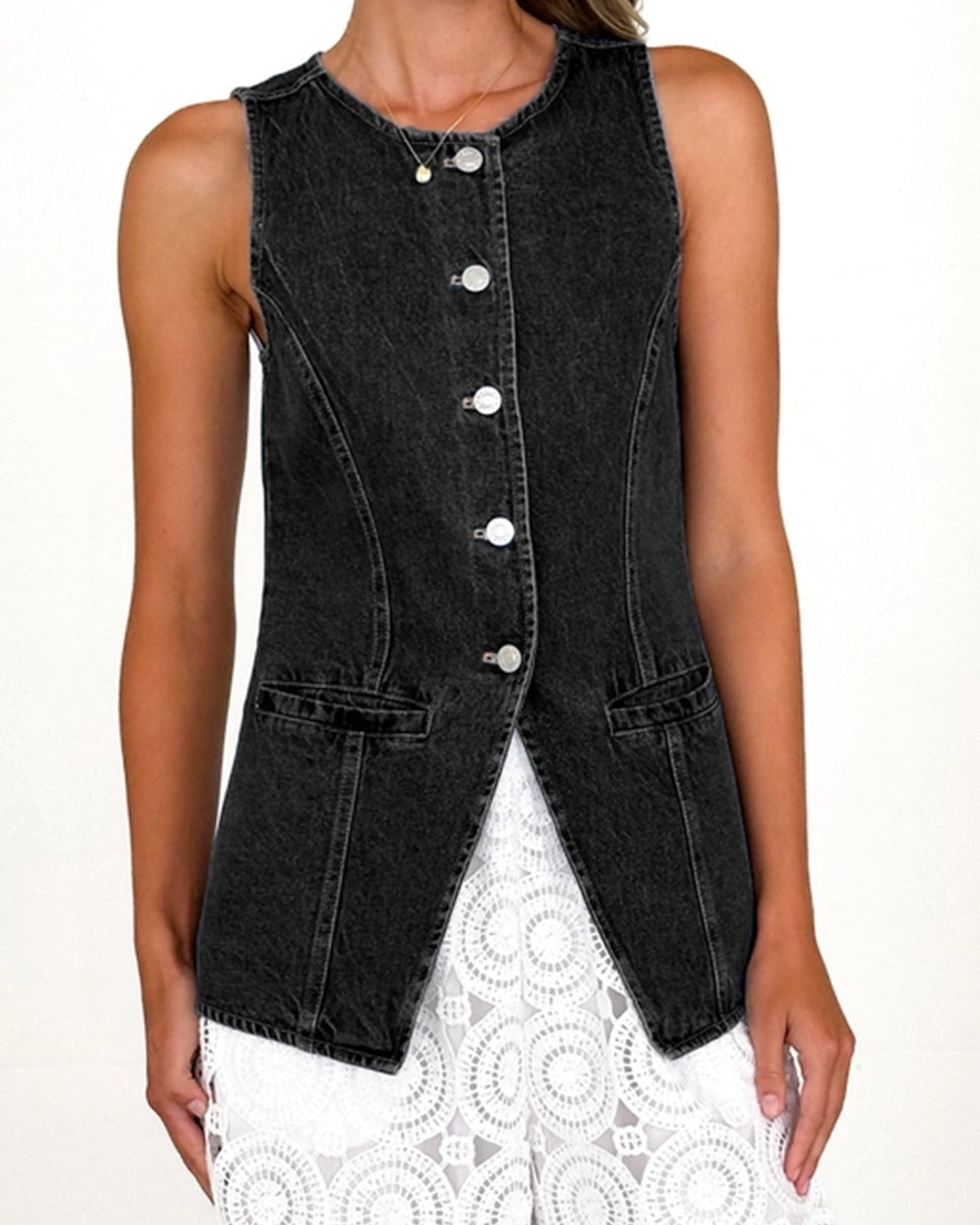 Retro Round-Neck Cinched Waist Denim Vest ??Classic Denim Outerwear for Women