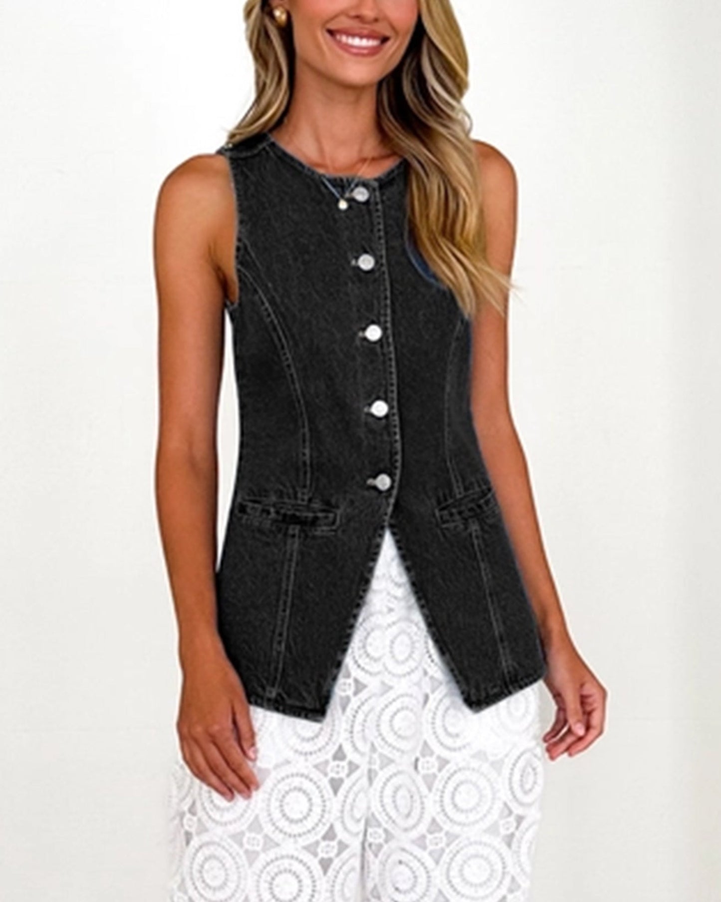 Retro Round-Neck Cinched Waist Denim Vest ??Classic Denim Outerwear for Women